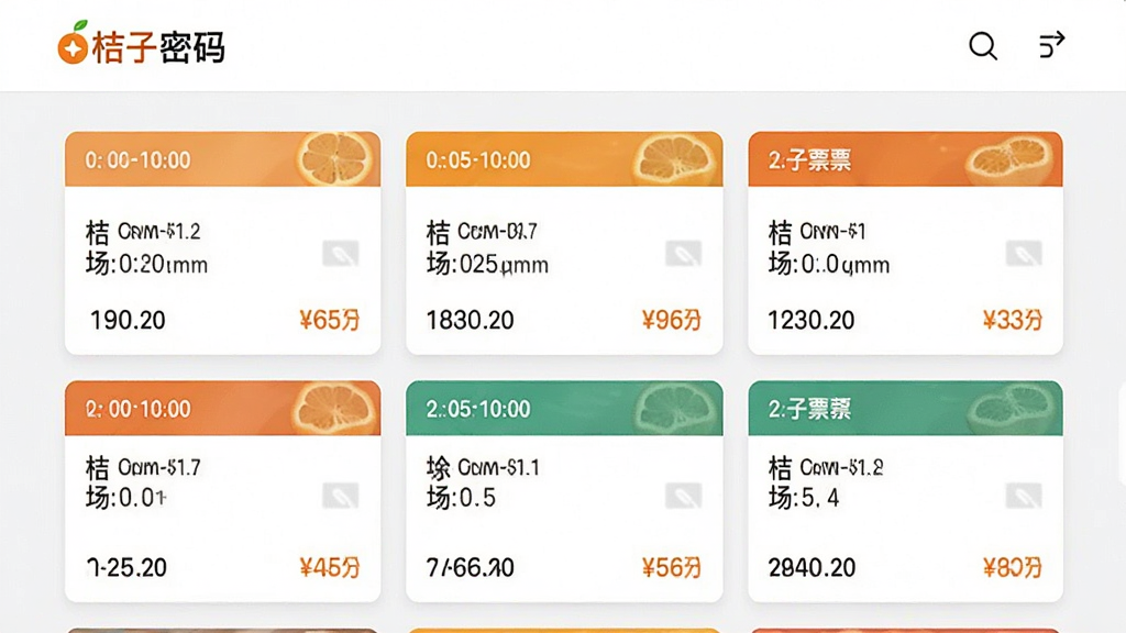 一张展示桔子密码票务信息聚合页面的图片,屏幕上排列着不同场次的票务卡片,每张卡片显示时间、场馆和价格,界面排版整齐,