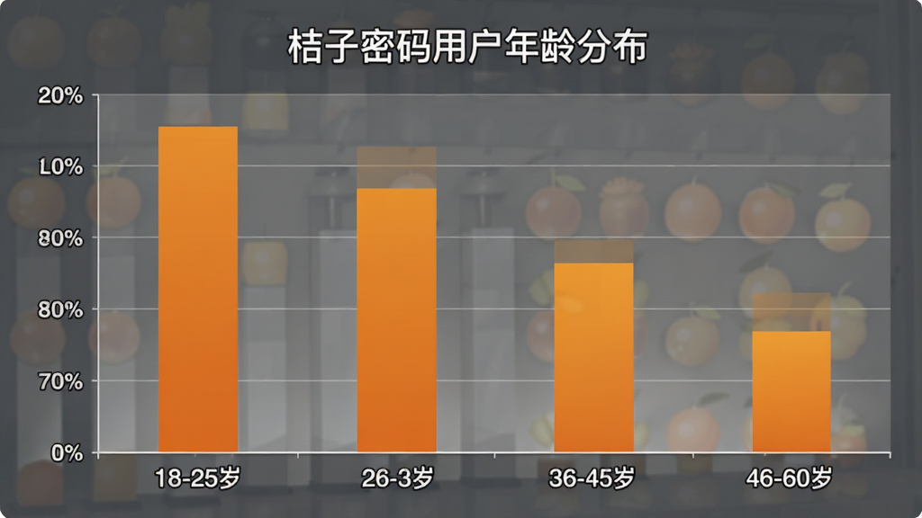 一张展示桔子密码用户年龄分布的柱状图,横轴为年龄段18-25岁、26-35岁、36-45岁、46-60岁,纵轴为用户占比百分比,柱状图颜色为橙色渐变,图表上方标注