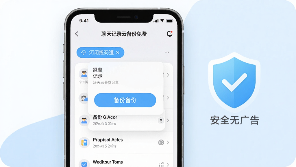 一张展示“聊天记录云备份免费”软件界面无广告弹窗的图片,画面中手机屏幕干净整洁,只有软件本身的备份按钮和记录列表,旁边有一个打勾的盾牌图标表示安全无广告,背景是白色和浅蓝色搭配,风格简约现代,细节圆润,画质干净