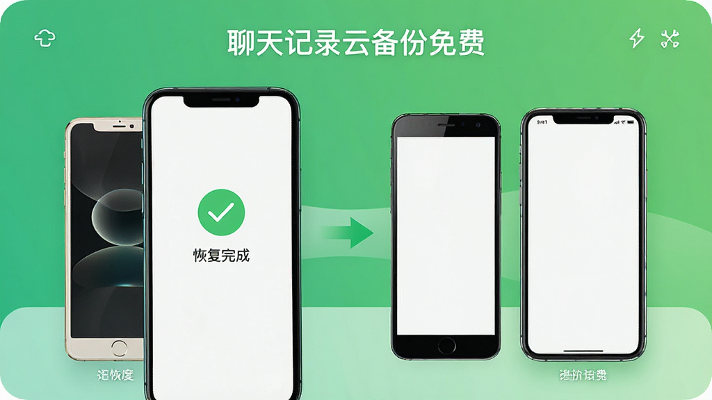 一张展示“聊天记录云备份免费”软件恢复界面的图片,画面中一部新手机屏幕上显示“恢复完成”的对勾图标,旁边有旧手机和新手机之间的数据传输箭头,背景是清爽的绿色渐变,风格现代,画质干净