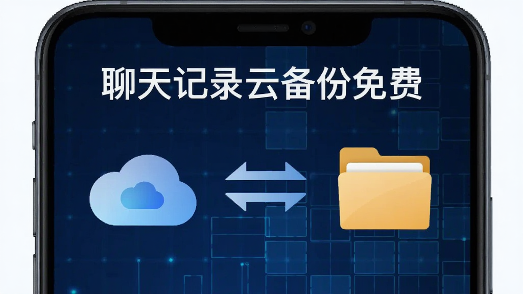 一张展示“聊天记录云备份免费”软件双备份模式的图片,画面中手机屏幕显示云端图标和本地文件夹图标并列,中间有双向箭头连接,背景是深蓝色科技感网格,风格简洁,画质干净无杂乱