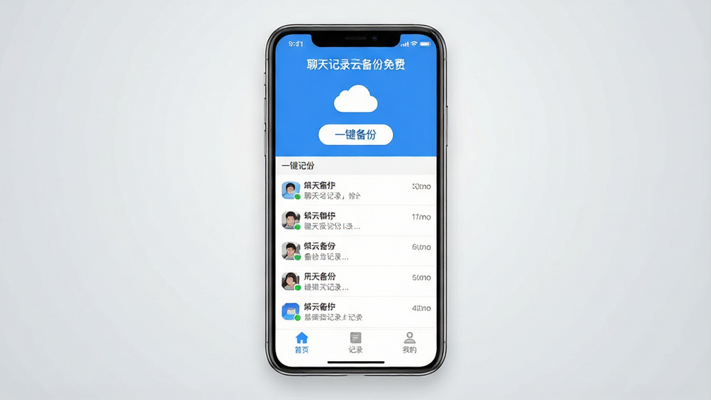 一张展示手机屏幕的图片,屏幕中央是“聊天记录云备份免费”软件的主界面,界面顶部有云朵图标和“一键备份”按钮,中间显示已备份的聊天记录列表,底部有“首页”“记录”“我的”三个选项卡,整体以蓝白配色为主,风格简洁清爽,背景是浅灰色渐变,画质干净无多余元素