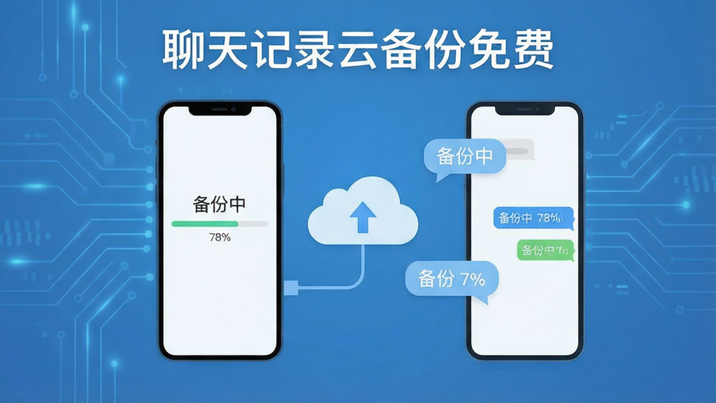 一张展示“聊天记录云备份免费”软件备份过程的图片,画面中一部手机正通过云朵图标向另一部手机传输聊天记录气泡,背景是柔和的蓝色科技感线条,手机屏幕显示“备份中 78%”的进度条,整体风格扁平化,画质清晰,干净无杂乱元素