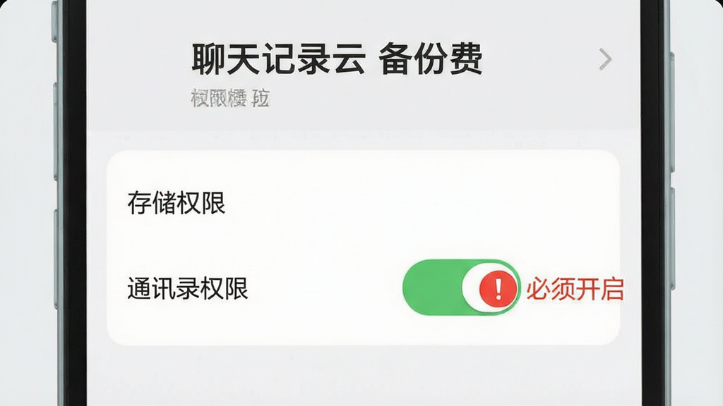 一张展示“聊天记录云备份免费”软件权限设置界面的图片,画面中手机屏幕显示存储权限和通讯录权限的开关按钮,旁边有红色感叹号提示“必须开启”,背景是浅灰色,风格扁平,画质清晰,无多余元素