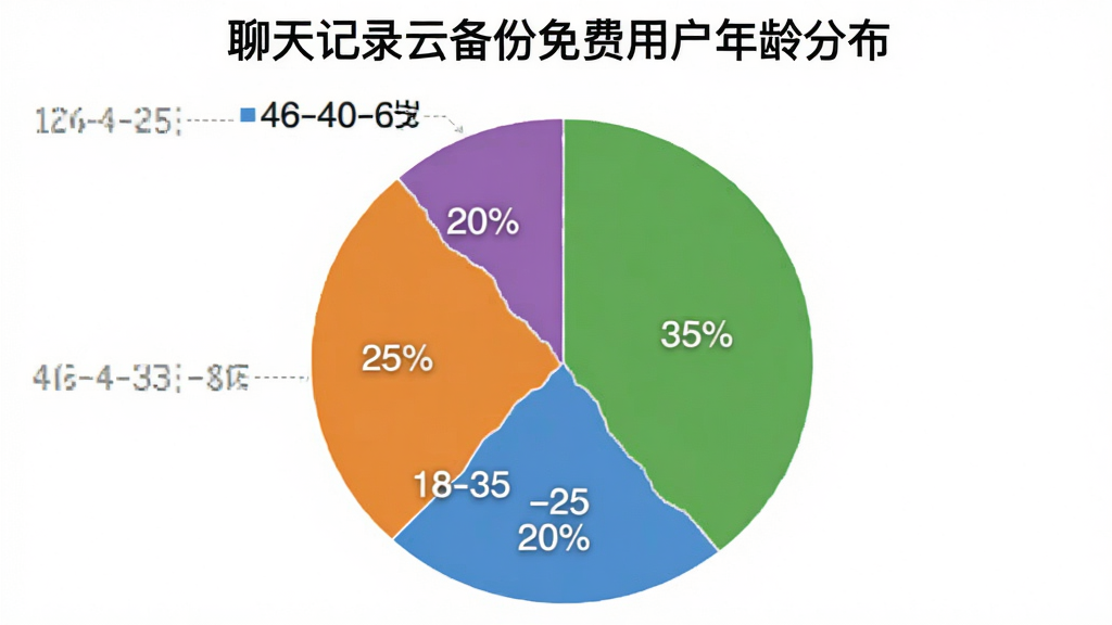 一张饼状图,标题为“聊天记录云备份免费用户年龄分布”,图表显示18-25岁占比20%,26-35岁占比35%,36-45岁占比25%,46-60岁占比20%,颜色分别为蓝色、绿色、橙色、紫色,背景白色,风格简洁,画质干净