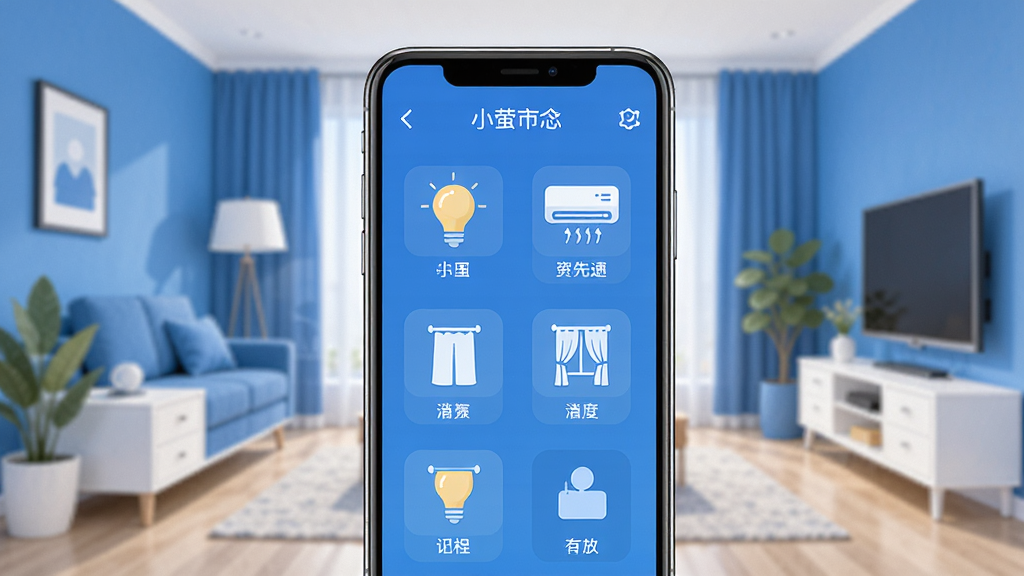 小萤家智能家居控制助手App主界面展示,画面中央一部智能手机,屏幕上显示简洁的设备控制面板,包含灯光、空调、窗帘等图标,背景是温馨的现代家居环境,蓝白配色,扁平化设计风格,干净无多余元素,高清画质