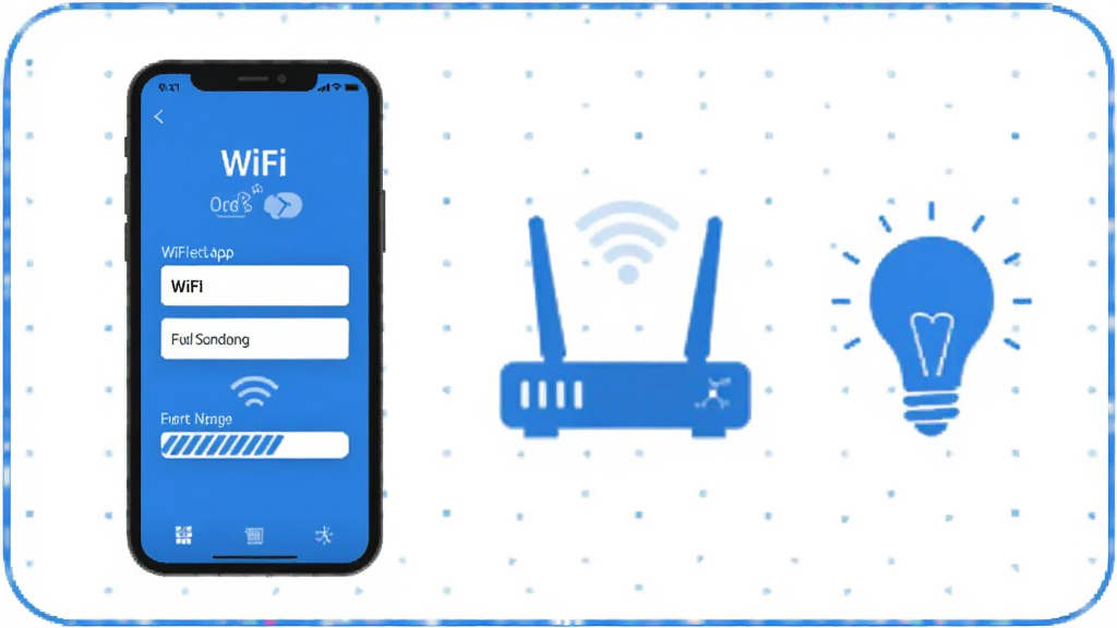 小萤家App配网操作步骤示意图,手机屏幕显示WiFi密码输入界面和搜索设备进度条,旁边有路由器图标和智能灯泡图标,蓝白配色,扁平化教程风格,画质干净清晰