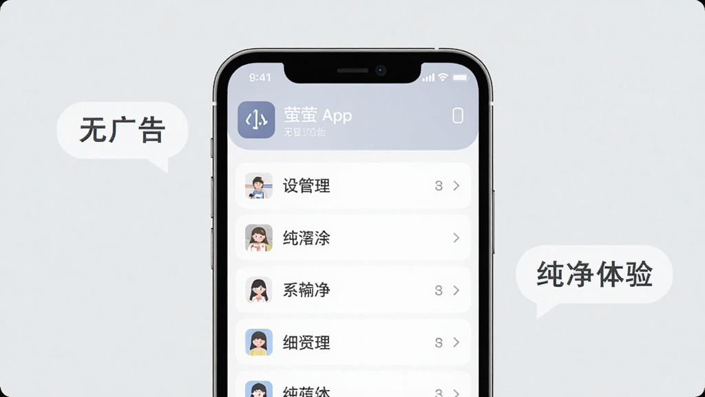 小萤家App无广告纯净界面展示,手机屏幕显示设备管理列表,界面清爽无弹窗,周围有“无广告”“纯净体验”文字气泡,背景为浅灰色,简约现代风格,扁平化设计,画质干净无杂乱元素