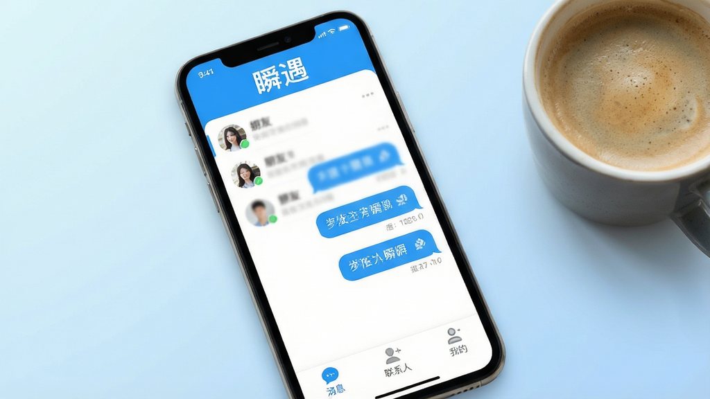 一张展示手机屏幕的图片,屏幕中央显示“瞬遇”App的聊天主界面,界面设计简洁明快,以蓝白配色为主,顶部有“瞬遇”文字Logo,中间是好友列表和对话气泡,底部有消息、联系人、我的三个图标,背景是柔和的渐变浅蓝色,风格现代清爽,画质清晰干净,无多余元素,手机旁边放着一杯咖啡,整体氛围轻松惬意。