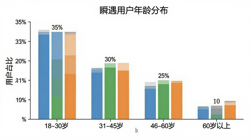 一个柱状图,横轴为年龄段,纵轴为用户占比,数据分别为18-30岁占比35%,31-45岁占比30%,46-60岁占比25%,60岁以上占比10%,柱状图颜色分别为蓝色、绿色、橙色、灰色,背景为白色,标题为“瞬遇用户年龄分布”,风格简洁清晰,画质干净,无多余装饰。
