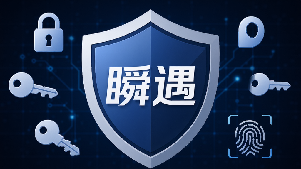 一个盾牌形状的图标,盾牌中间显示“瞬遇”的Logo,盾牌周围环绕着锁、钥匙、指纹等安全符号,背景是深蓝色科技感网格,风格简洁商务,画质干净,突出安全防护的概念,无多余文字和元素。