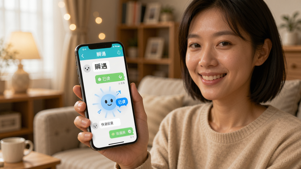 一个人拿着手机微笑,手机屏幕上显示“瞬遇”的聊天界面,聊天内容显示发送消息后立刻出现“已读”和快速回复的动画效果,背景是温馨的居家环境,光线柔和,风格写实,画质清晰,重点突出“瞬遇”界面上的流畅感,无多余装饰元素。