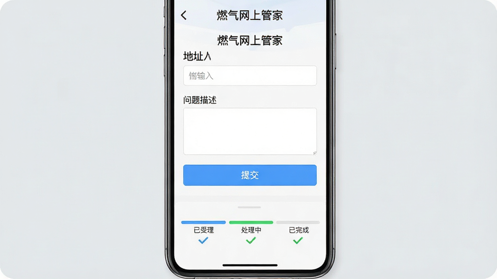 һ���ֻ�App���ܽ���չʾͼ����Ļ�Ϸ���ʾ��ȼ�����Ϲܼҡ��ı���ҳ�棬�е�ַ��������������ı�����ύ��ť���·��н�������ʾ�����������������С�������ɡ������׶Σ�������ǳ��ɫ������ɾ����࣬�������������ʸɾ����޶���Ԫ��