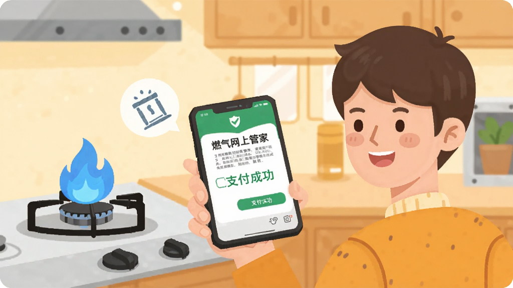 һ��������廭��һλ���������ֻ��ϲ�����ȼ�����Ϲܼҡ�App���нɷѣ��ֻ���Ļ��ʾ֧���ɹ�ҳ�棬�Ա���ȼ�������ɫ�����ͼ�꣬��������ܰ�ĳ�������������ƽ��ͨ��ɫ�����������ʸɾ����޶���Ԫ��
