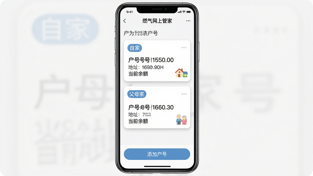 һ���ֻ�App���˻���������ʾ��ͼ����Ļ��ʾ��ȼ�����Ϲܼҡ��Ļ����б�ҳ�棬���������ſ�Ƭ���ֱ��ע���Լҡ��͡���ĸ�ҡ���ÿ����Ƭ���л��š���ַ�͵�ǰ���ײ��С����ӻ��š���ť�������ǰ�ɫ����Ƭ����΢��Ӱ������Լ�ִ����������������ʸɾ����޶���Ԫ��