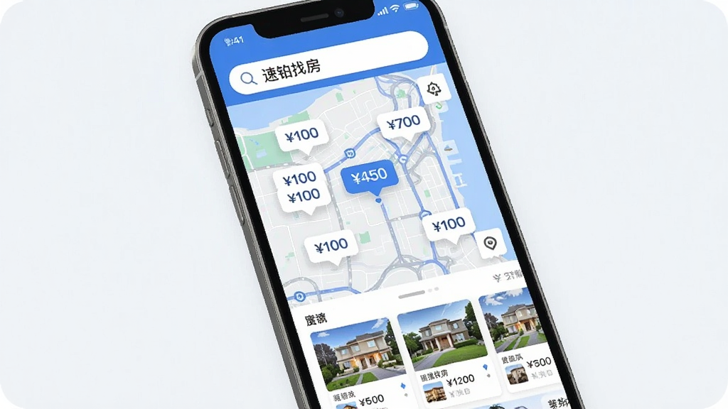 �ٲ��ҷ�App������չʾ���ֻ���Ļ����ʾ��ͼ�ҷ�ģʽ����ͼ��ɢ���Ŷ����Դ�۸����ݱ�ǣ��ײ��з�Դ�б���Ƭ������������д�š��ٲ��ҷ�����������������ɫΪ����������ִ������������ɾ����޶���Ԫ��