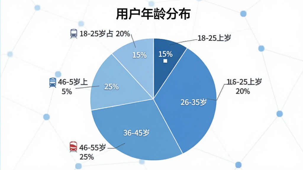 一张展示 China Train Booking 用户年龄分布的饼状图,图表标题为“用户年龄分布”,饼图分为五个扇形区域,分别标注18-25岁占比20%、26-35岁占比35%、36-45岁占比25%、46-55岁占比15%、56岁以上占比5%,配色使用蓝色系渐变,图表背景为白色,文字清晰,风格简洁专业,画质干净无多余元素