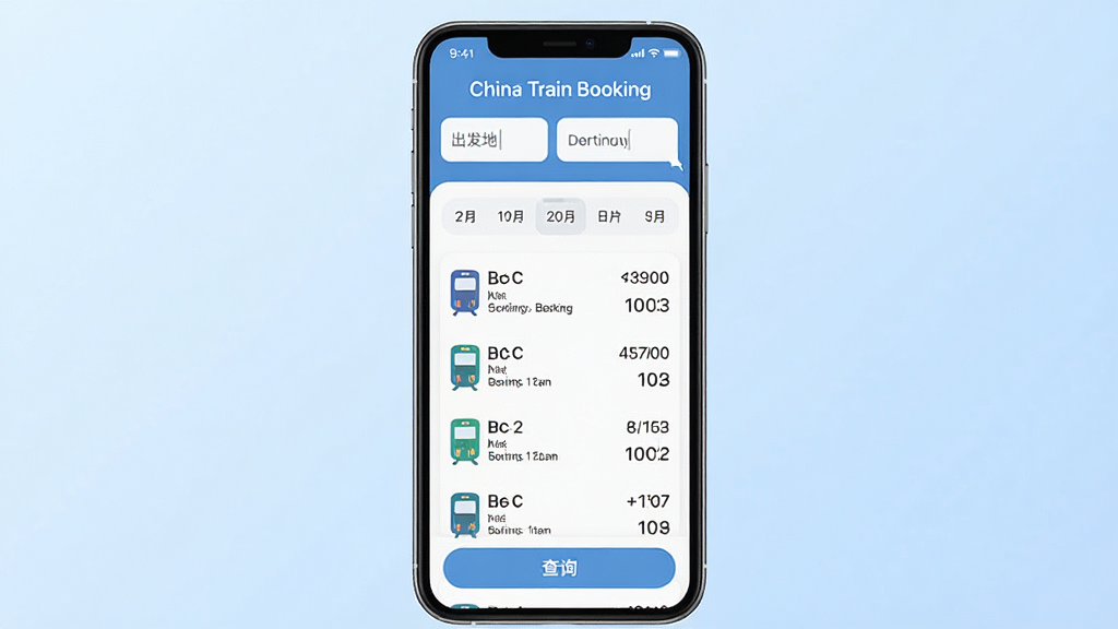 一张展示 China Train Booking 手机应用主界面的图片,画面中央是一部现代智能手机,屏幕上显示着火车票查询界面,顶部有出发地和目的地输入框,中间是日期选择条和车次列表,车次信息清晰排列,底部有查询按钮,背景是柔和的浅蓝色渐变,整体风格简洁明快,UI设计扁平化,图标圆润,画质干净清晰,无多余元素