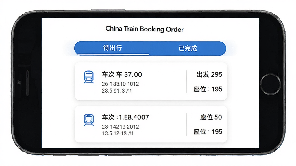 一张展示 China Train Booking 订单管理界面的图片,手机屏幕显示着订单列表,分为待出行和已完成两个标签页,每个订单卡片上有车次信息、出发日期和座位号,界面设计简洁,以白色背景为主,辅以蓝色强调色,图标线条纤细,排版整齐,画质清晰干净,无多余元素