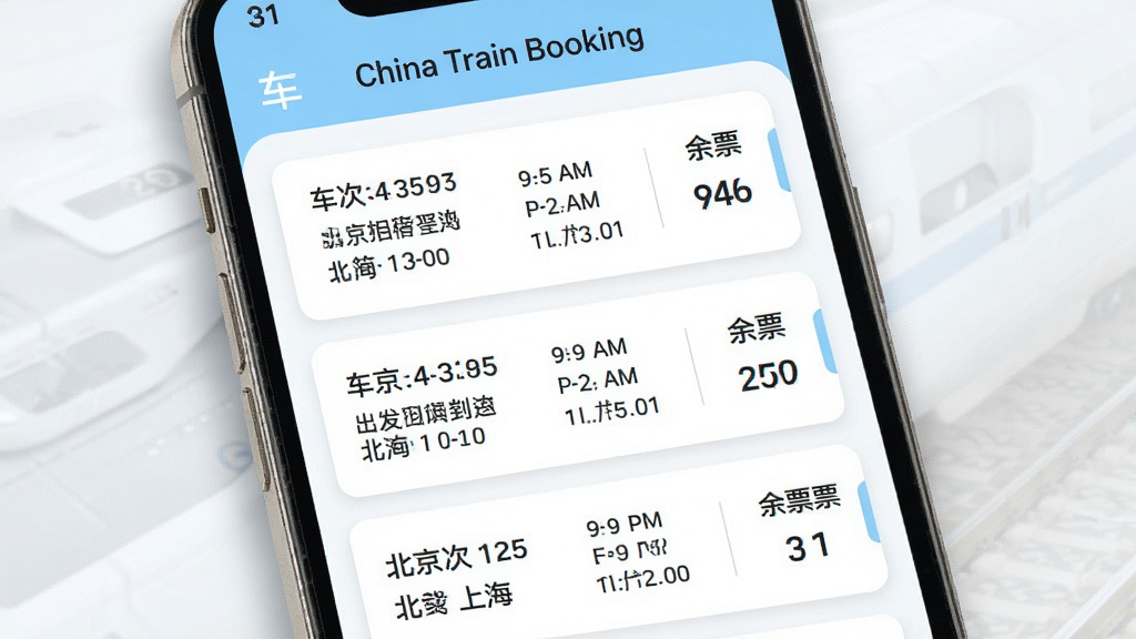 一张展示 China Train Booking 车次列表界面的图片,手机屏幕中央显示着从北京到上海的车次列表,每个车次卡片上有车次编号、出发到达时间、历时和余票数量,界面配色以白色和浅蓝色为主,文字清晰易读,背景有轻微阴影增加层次感,整体风格现代简约,画质干净无多余元素