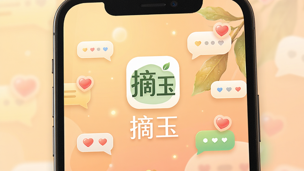 一张展示摘玉应用核心界面的手机屏幕截图,画面中央是摘玉的logo和名称“摘玉”,背景是柔和的暖色调渐变,周围散落着代表情感交流的聊天气泡和爱心图标,整体布局简洁明了,风格温馨治愈,细节精致,画质干净无多余元素
