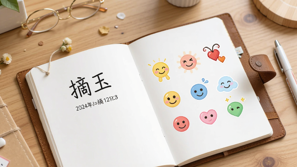 一张摘玉心情日记功能的界面截图,画面中是一本打开的电子日记本,页面上写着“摘玉”和日期,旁边有代表不同心情的彩色小图标,背景是木质桌面,风格清新文艺,布局规整,细节细腻,画质干净无多余元素