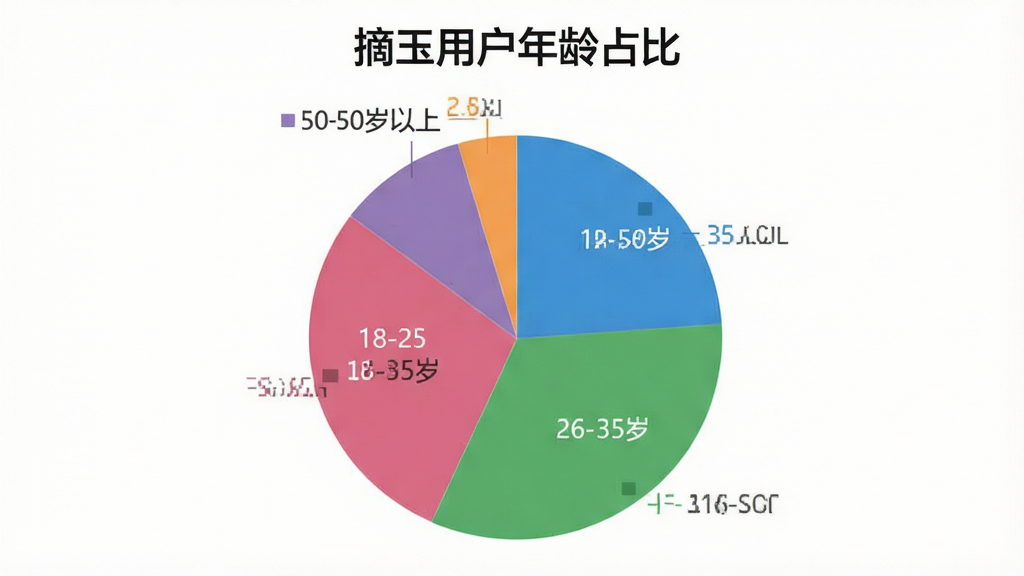 一张展示摘玉用户年龄分布的饼状图,图表标题为“摘玉用户年龄占比”,不同颜色扇形分别标注“18-25岁”“26-35岁”“36-50岁”“50岁以上”,背景干净,风格简洁商务,细节清晰,画质干净无多余元素