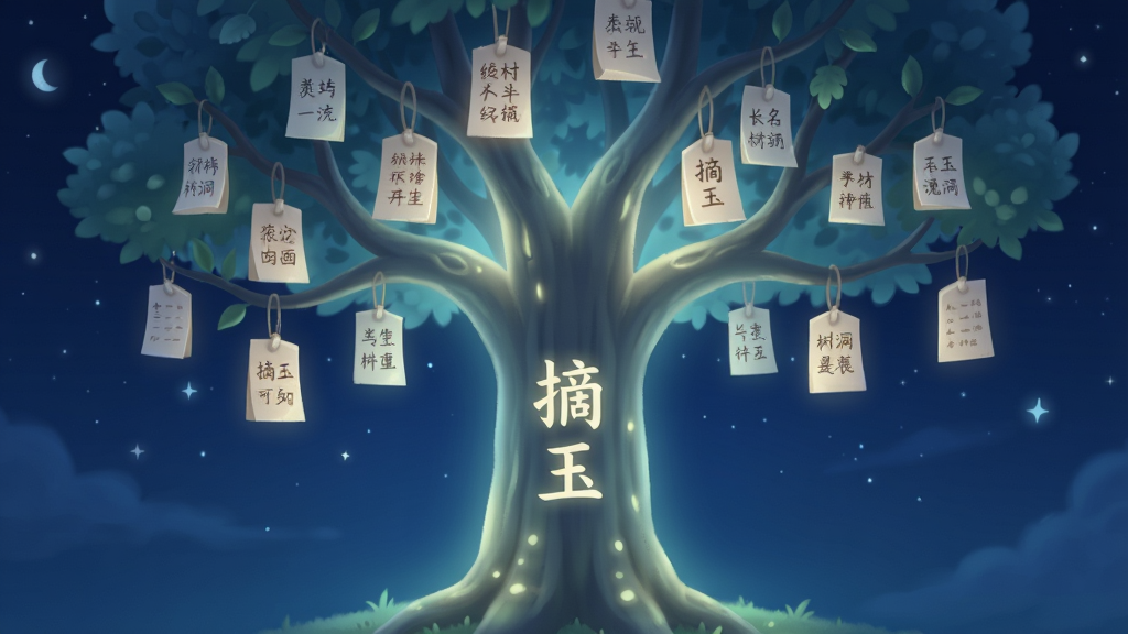 一张展示摘玉匿名树洞功能的界面图,画面中央是一棵发光的虚拟大树,树干上写着“摘玉”,树枝上挂着许多写着文字的小纸条,背景是深蓝色的夜空,风格静谧治愈,布局居中,细节柔和,画质干净无多余元素