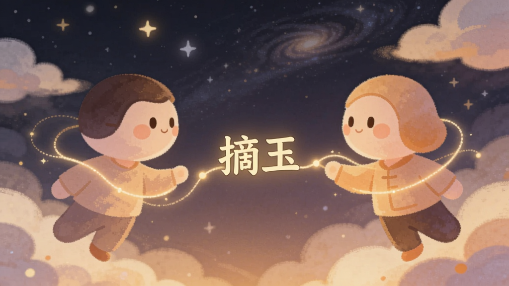 一张插画风格的图片,画面中两个抽象的卡通人物通过发光的线条连接在一起,线条中间漂浮着“摘玉”二字,背景是星空和柔和的云朵,主体突出,布局对称,风格梦幻温暖,细节丰富,画质干净无多余元素