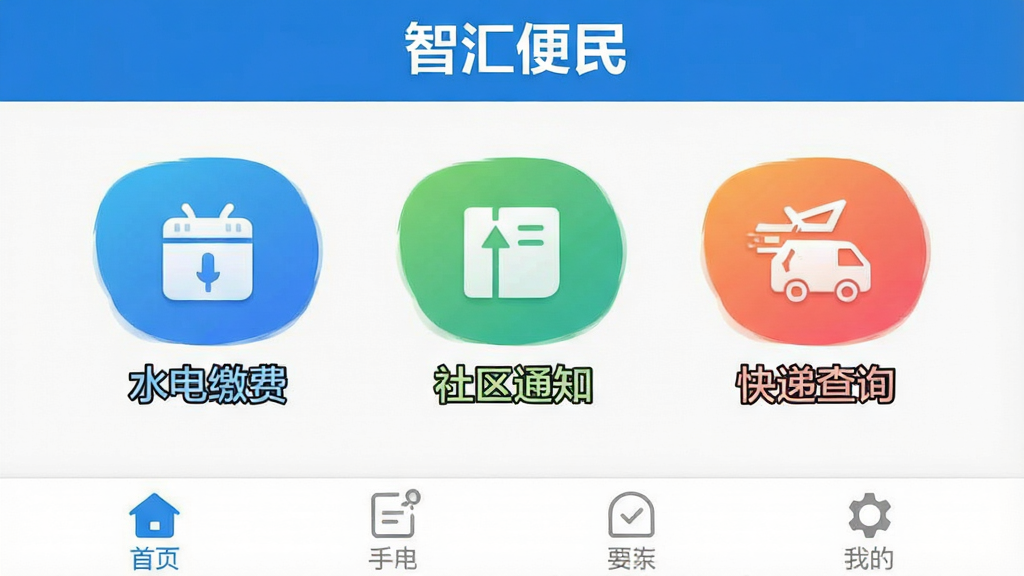 �ֻ�Ӧ�ý����ͼ��񣬻��涥���ǡ��ǻ���񡱱��������м�չʾˮ��ɷѡ�����֪ͨ����ݲ�ѯ������Ų�ɫͼ�갴ť��ͼ���·�����Ŀ�����ֱ�ǩ���ײ������������ɼ�������������Ϊ��ɫ����������ˬ���޹���������ʸɾ����޶���Ԫ��