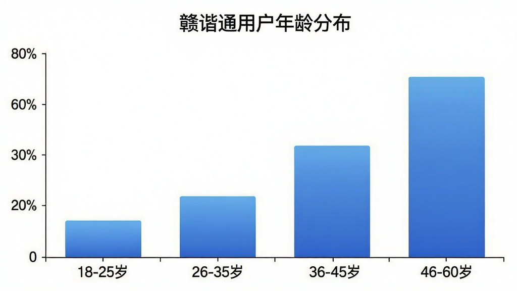 一张柱状图展示赣谐通用户年龄分布,横轴标注18-25岁、26-35岁、36-45岁、46-60岁四个年龄段,纵轴标注百分比,柱状图颜色为蓝色渐变,图表标题为“赣谐通用户年龄分布”,背景白色,风格简洁商务,画质清晰无多余装饰