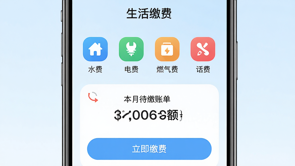 一张手机界面截图风格,展示赣谐通生活缴费页面,顶部有“生活缴费”标题,下方排列水费、电费、燃气费、话费四个彩色图标,中间显示本月待缴账单金额,底部有“立即缴费”按钮,背景是淡蓝色渐变,风格清爽现代,画质干净无杂乱元素
