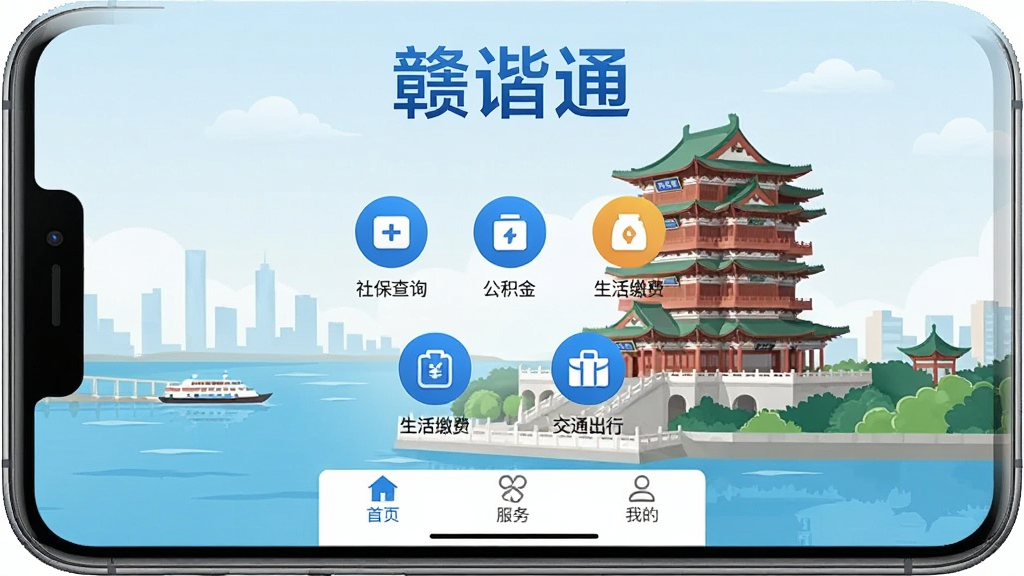 一张手机屏幕展示赣谐通App主界面,背景是南昌滕王阁和赣江的插画风格,界面顶部显示“赣谐通”三个大字,中间是社保查询、公积金、生活缴费、交通出行四个圆形图标整齐排列,底部有首页、服务、我的三个选项卡,整体配色以蓝色和白色为主,风格现代简洁,画质干净清晰,无多余元素