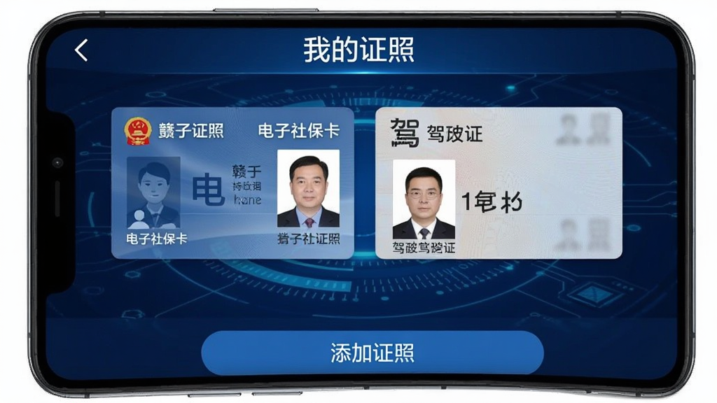 一张手机屏幕展示赣谐通电子证照页面,界面中显示电子社保卡和驾驶证两张卡片,卡片上有持证人姓名和照片示例,背景是深蓝色科技感纹理,顶部有“我的证照”标题,底部有“添加证照”按钮,整体风格安全可靠,画质清晰干净