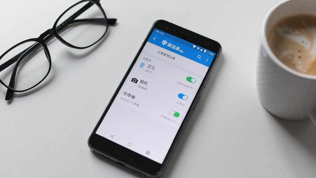 一部安卓手机放在桌面上,屏幕显示赣谐通App的权限管理设置页面,界面上有定位、相机、存储三个权限开关,背景是简洁的浅灰色桌面,旁边有一副眼镜和一杯咖啡,风格生活化,画质干净清晰