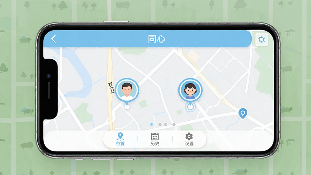 ͬ��App������ȫòչʾ���ֻ���Ļ������ʾһ�ż���ʵʱ��ͼ����ͼ��������Բ��ͷ���Ǵ�������λ�ã�������ǳ��ɫ������д�š�ͬ�ġ����֣��ײ�������ͼ�갴ť�ֱ���λ�á���ʷ�����ã�������ɫ�԰�ɫ��ǳ��Ϊ���������ˬ�ִ������ʸɾ��޶���Ԫ��