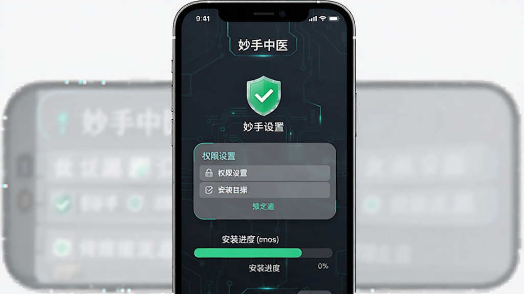 妙手中医安装设置界面,主体为手机屏幕,布局为权限设置与安装进度条,排版简洁,风格为科技简约风,细节包含盾牌图标与对勾符号,画质清晰,干净无多余元素