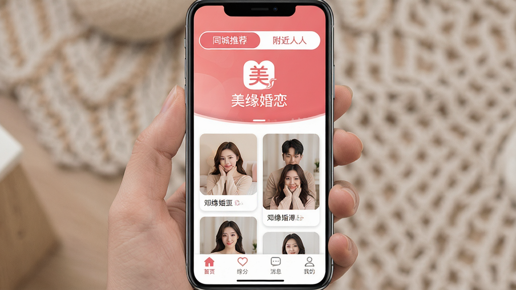 美缘婚恋软件主界面全貌展示,手机屏幕中央显示美缘婚恋的logo和名称,界面以暖粉色和白色为主色调,顶部有同城推荐和附近的人选项卡,中间是用户头像卡片瀑布流,底部导航栏包含首页、缘分、消息、我的四个图标,整体风格温馨柔和,排版简洁干净,画质清晰无多余元素