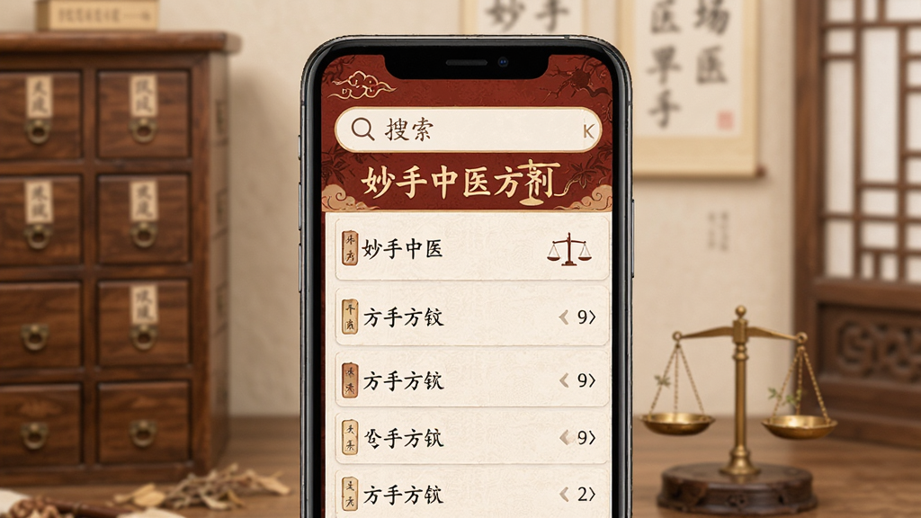 妙手中医方剂查询界面,主体为手机屏幕,布局为顶部搜索框与下方方剂列表,排版整齐,风格为传统中医风格,细节包含药柜与秤杆图标,画质清晰,干净无多余元素