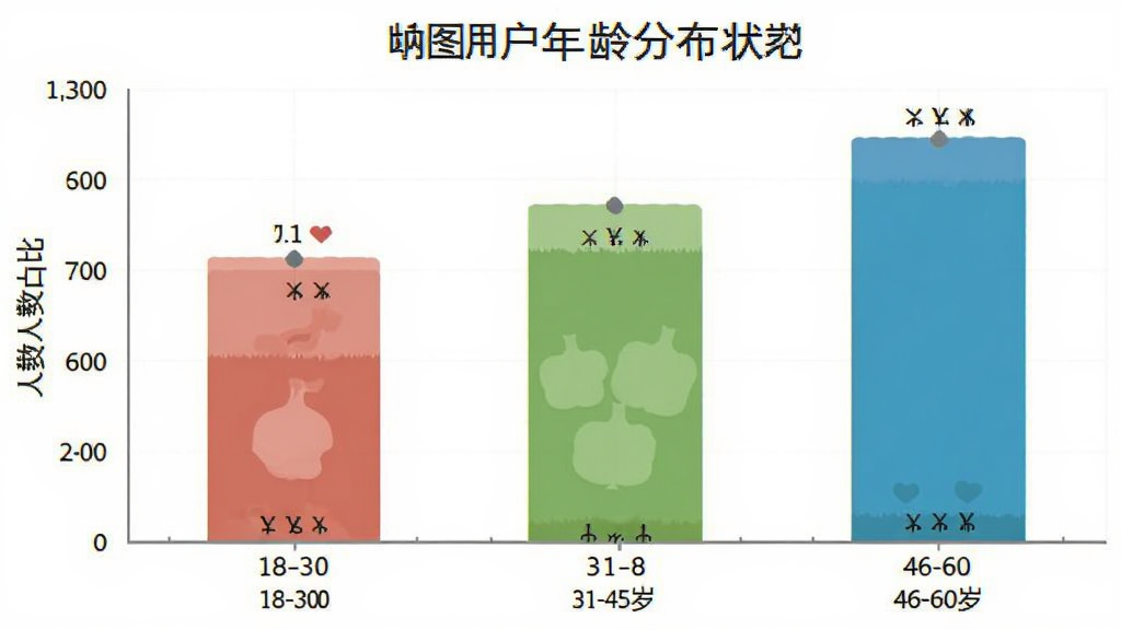 妙手中医用户年龄分布柱状图,主体为图表,布局为横轴年龄区间与纵轴人数占比,排版清晰,风格为扁平化数据可视化,细节包含18-30岁、31-45岁、46-60岁三个柱状条,画质干净,无多余元素