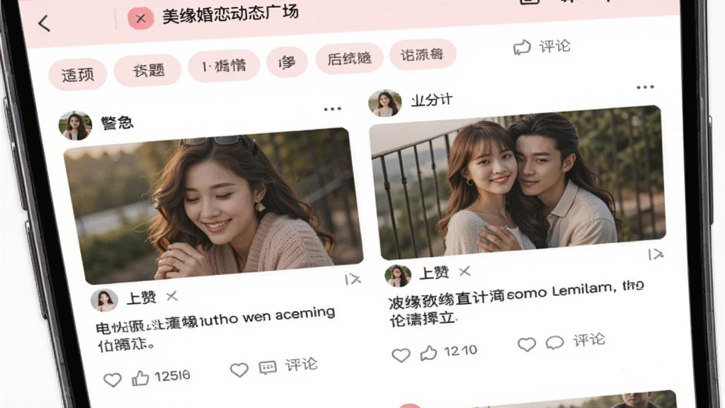 美缘婚恋动态广场界面展示,手机屏幕显示缘分圈页面,包含用户发布的照片动态和文字内容,每条动态下方有点赞和评论图标,顶部有话题标签栏,界面以白色和浅粉色为主,排版整齐,画质干净无多余元素