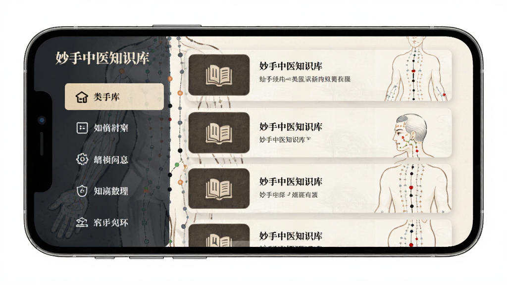妙手中医知识库界面,主体为手机屏幕,布局为左侧分类导航与右侧内容列表,排版采用卡片式设计,风格为古典简约,细节包含书本图标与经络线条装饰,画质清晰,干净无多余元素
