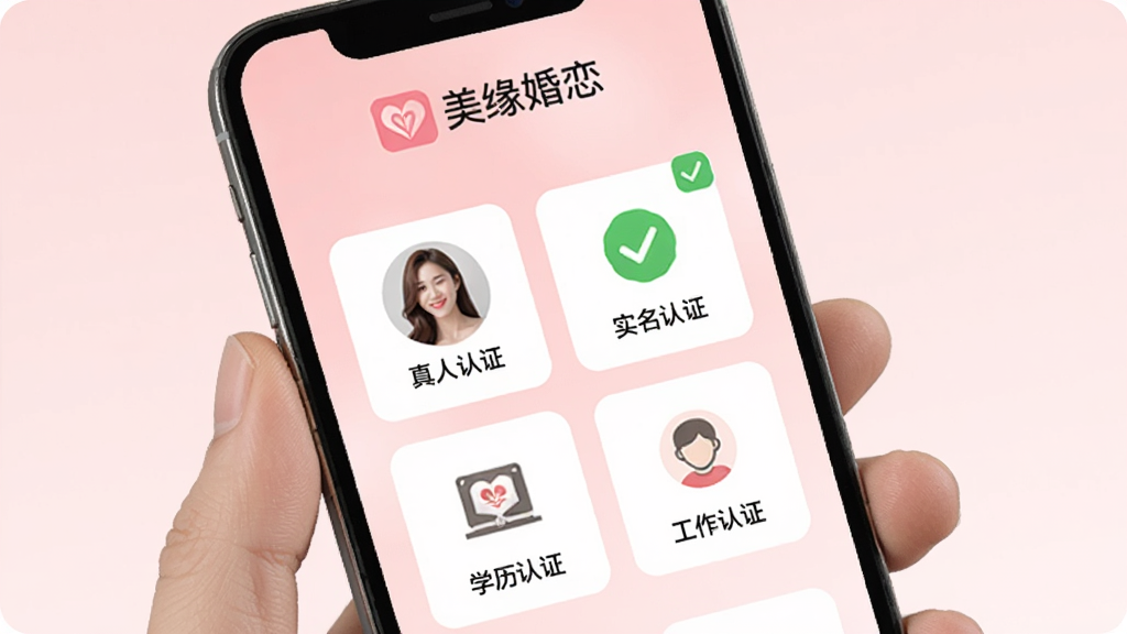 美缘婚恋实名认证页面展示,手机屏幕显示认证中心界面,包含真人认证、实名认证、学历认证、工作认证四个图标按钮,其中真人认证和实名认证显示已完成的绿色对勾,页面顶部有美缘婚恋文字标识,背景为浅粉色渐变,风格简洁明快,画质干净