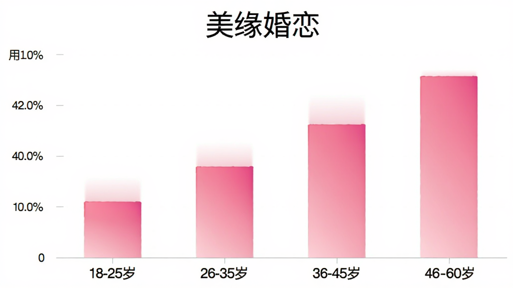 美缘婚恋用户年龄分布柱状图,横轴为18-25岁、26-35岁、36-45岁、46-60岁四个年龄段,纵轴为用户占比百分比,柱状图颜色为粉色渐变,图表上方有美缘婚恋文字标题,背景白色,风格简洁专业,画质清晰
