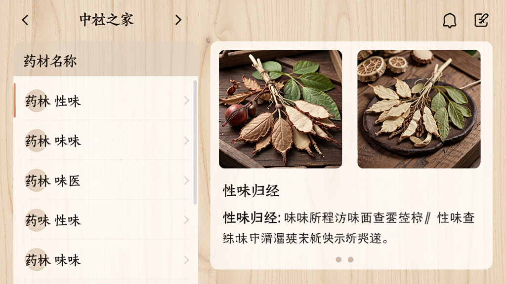 中医之家APP内部页面展示中药材查询结果,页面左侧是药材名称列表,右侧显示药材图片和性味归经文字信息,背景是浅木色纹理,界面排版整齐,风格古朴清新,画质干净无多余元素
