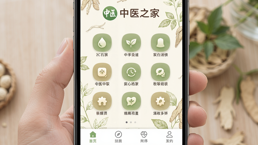 手机屏幕中央展示中医之家APP主界面,界面顶部有中医之家文字标识,中间是清晰的九宫格功能图标排列,背景是淡雅的米白色带浅绿色草药纹理,界面下方有底部导航栏,整体风格简约温润,画质干净无多余元素