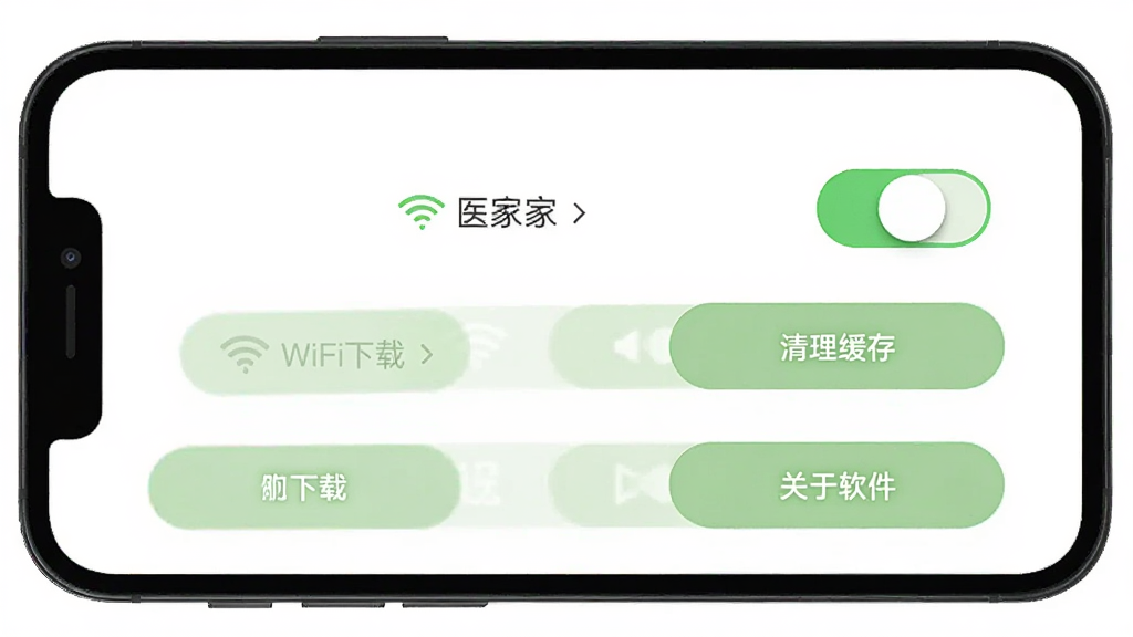 手机屏幕显示中医之家APP的设置界面,界面中有WiFi下载开关、清理缓存按钮和关于软件选项,背景是纯白色,按钮为浅绿色圆角矩形,排版简洁明了,画质干净无多余元素