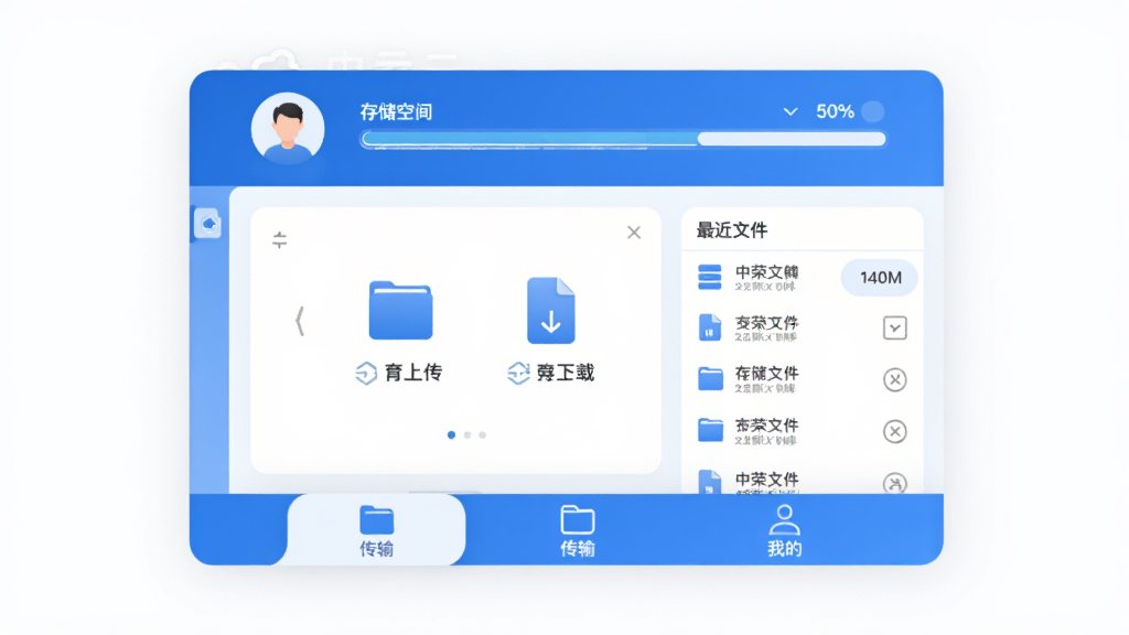 中荣云软件主界面全貌展示,画面中央是简洁的云存储管理面板,顶部显示用户头像和存储空间使用进度条,中间是文件上传下载区域和最近文件列表,底部为文件、传输、我的三个选项卡,整体以蓝白配色为主,风格现代扁平,图标圆润,画质干净清晰,无多余元素