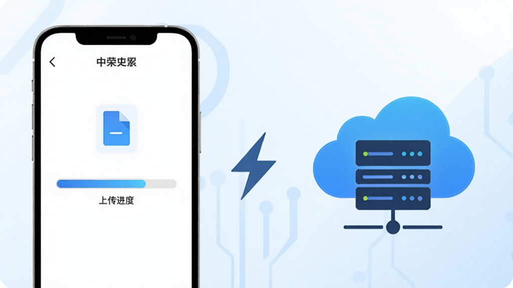 中荣云极速传输功能展示,画面左侧是一部手机屏幕显示文件上传进度条飞速前进,右侧是云端服务器图标,中间用闪电符号连接,背景是科技感蓝白渐变,风格简洁现代,画质干净无多余元素