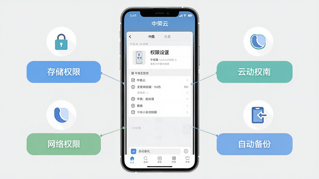 中荣云新手操作指南示意图,画面中央是一部手机显示中荣云App的权限设置页面,周围环绕着存储权限、网络权限、自动备份等图标按钮,背景是浅灰色,风格简洁教程风,画质干净无多余元素